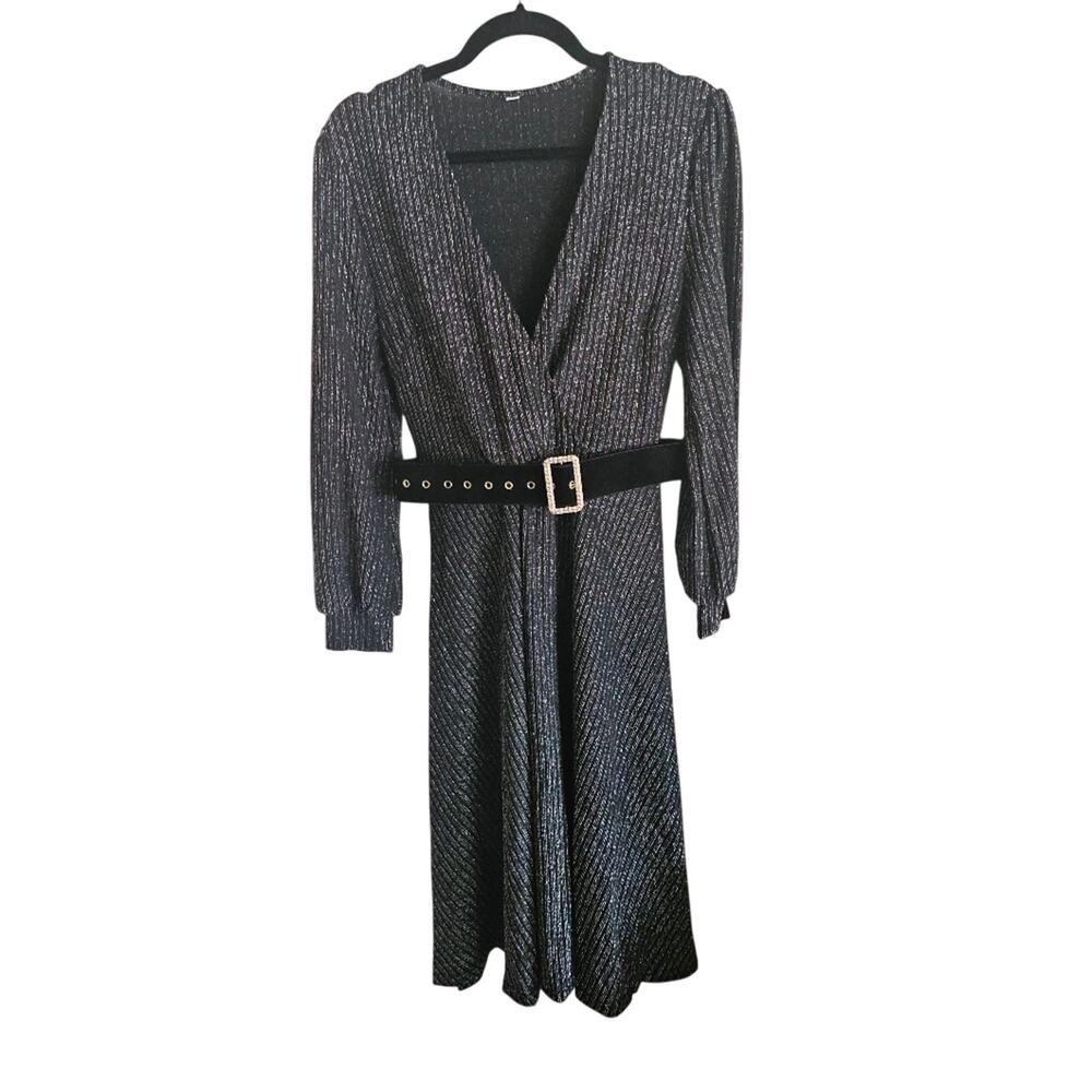 Chic Black and Silver Long Sleeve Dress With Black Velvet And Rhinestone Belt